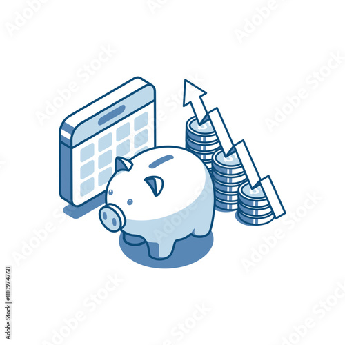 isometric vector linear icon piggy bank with calendar and chart of coins with arrow, in color on white background, financial savings and income planning