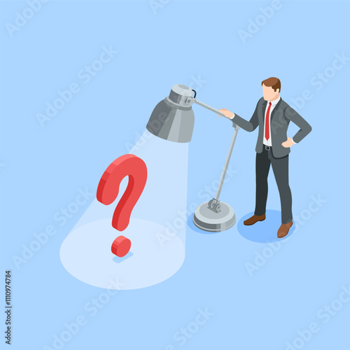 isometric vector business man shines lamp on big question mark, in color on blue background, searching for problem or solution