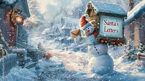 A snowman standing next to a decorated mailbox, holding an envelope labeled Santa's Letters in a snowy neighborhood