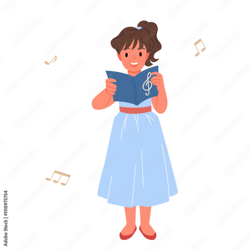 Girl singing song. Cute little kid holding open notebook to sing musical melody from notes, practice vocal music lesson, happy small female singer in dress standing cartoon vector illustration Girl singing song. Cute little kid holding open notebook to sing musical melody from notes, practice vocal music lesson, happy small female singer in dress standing cartoon vector illustration