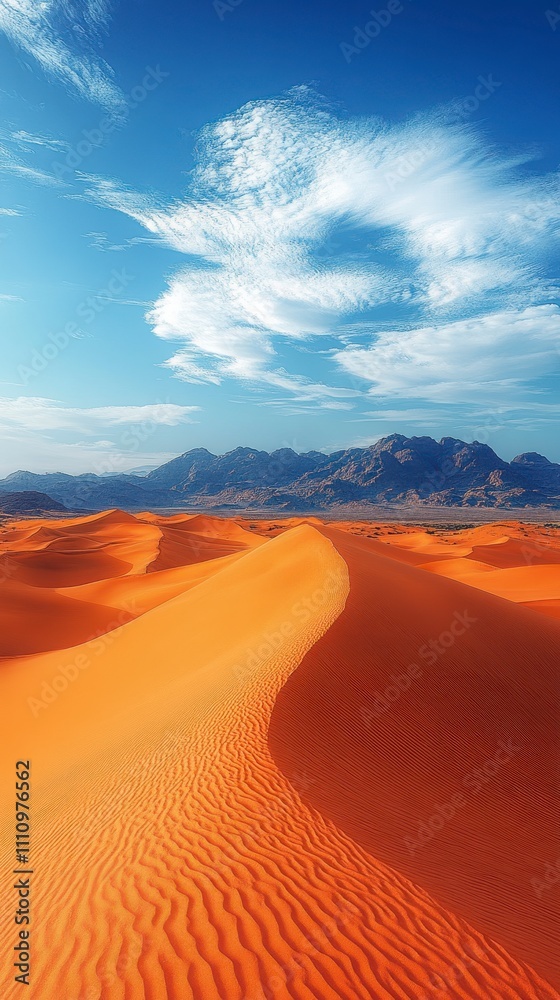 Naklejka premium Breathtaking Desert Landscape Under a Majestic Sky. Golden Hour Hues Paint the Sand Dunes and Mountains, Capturing the Essence of the Desert's Grandeur.