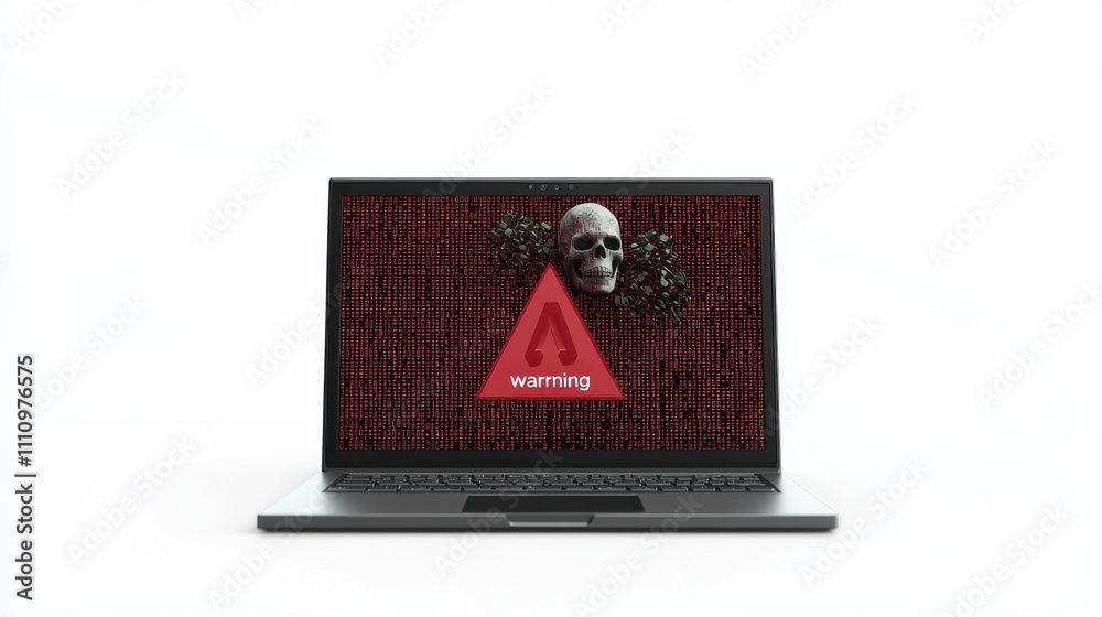Skull Warning on Laptop Screen with Red Code Background Illustrating Cyber Threat and Digital Security Risk Skull Warning on Laptop Screen with Red Code Background Illustrating Cyber Threat and Digital Security Risk
