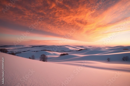 Serene winter landscape with snow-covered fields at sunset 