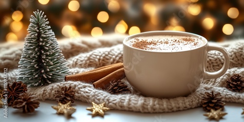 Warm beverage with cinnamon sticks and holiday decorations on a cozy knitted blanket during winter season