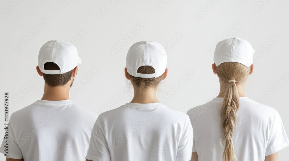 Three individuals in white shirts and caps facing away from the camera. Three individuals in white shirts and caps facing away from the camera.