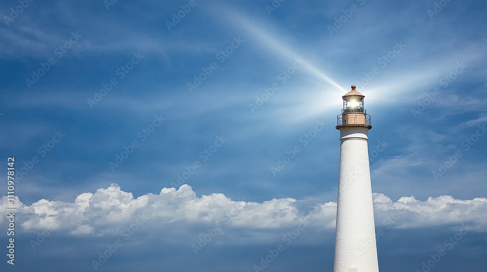 Majestic Lighthouse Illuminating the Sky with Brilliant Light Amidst Fluffy White Clouds and a Beautiful Blue Ocean Horizon Majestic Lighthouse Illuminating the Sky with Brilliant Light Amidst Fluffy White Clouds and a Beautiful Blue Ocean Horizon