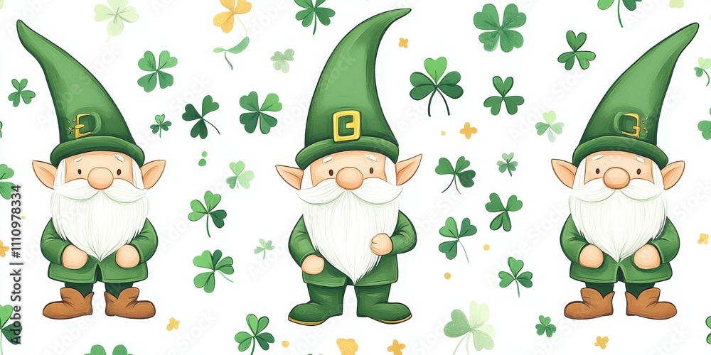 Fototapeta premium Three cheerful gnomes in green hats with clovers on a bright background, celebrating a festive occasion