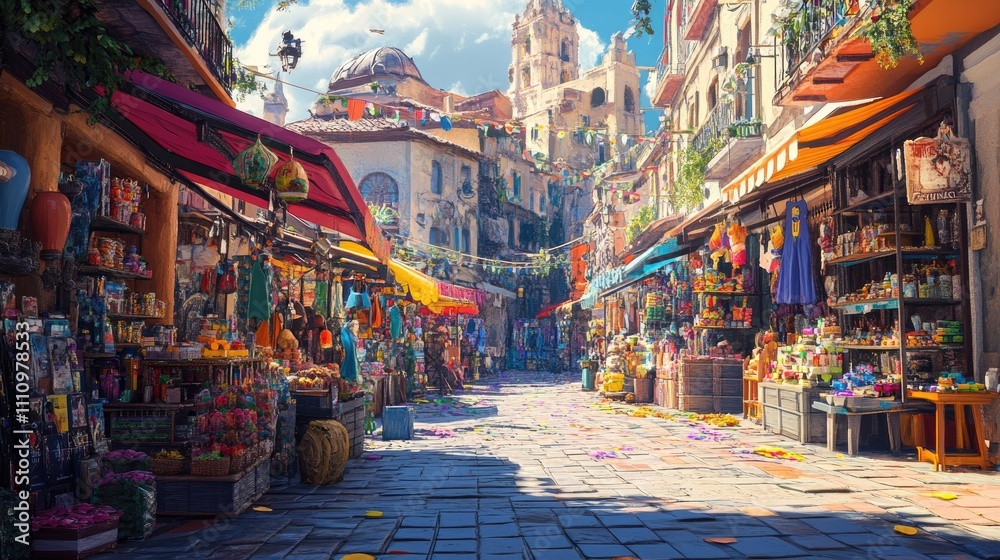Fototapeta premium Vibrant marketplace street scene, sunny day, colorful shops and goods.