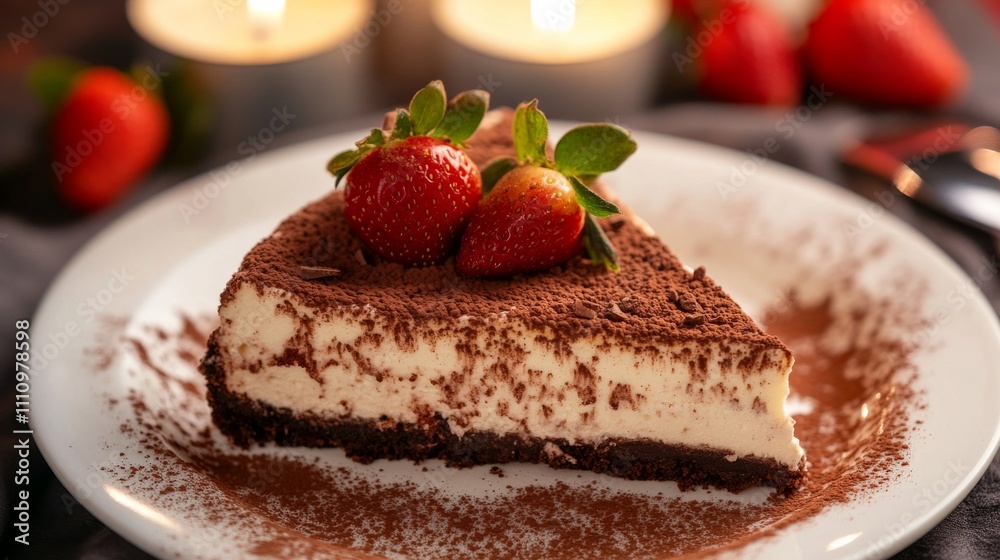 Photo of, A decadent slice of tiramisu cheesecake topped with cocoa powder and coffee beans, Tiramisu cheesecake plated elegantly with a dollop of whipped cream