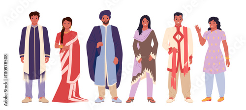 Indian people set. Different young adult male and female characters in traditional clothes standing and waving hand, girls with saree and dress, man with turban and beard cartoon vector illustration