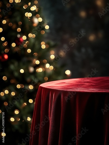 Elegant table set with a deep red cloth in front of a beautifully lit Christmas tree in a cozy indoor setting during the holiday season