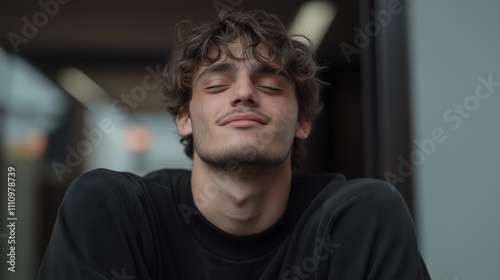 Relaxed portrait of a young man with curly hair and a slight smile, dressed casually, exuding a carefree and laid-back vibe in a minimalist setting.