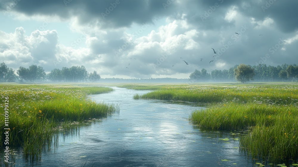 Obraz premium Serene River Landscape: Misty Morning Meadow with Birds in Flight, Picturesque Countryside Scenery