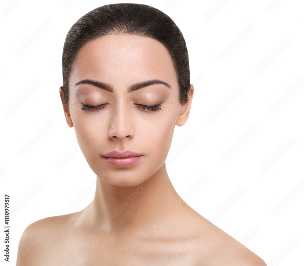 Beautiful thoughtful indian girl face with closed eyes, perfect skin make up closeup. Beauty and health care. Ideal portrait of brunette, isolated on white background Beautiful thoughtful indian girl face with closed eyes, perfect skin make up closeup. Beauty and health care. Ideal portrait of brunette, isolated on white background