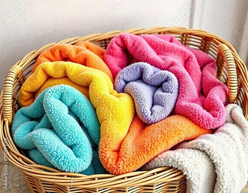 Wicker laundry basket filled with plush fleece blankets in bright colors , wicker, woven basket photo