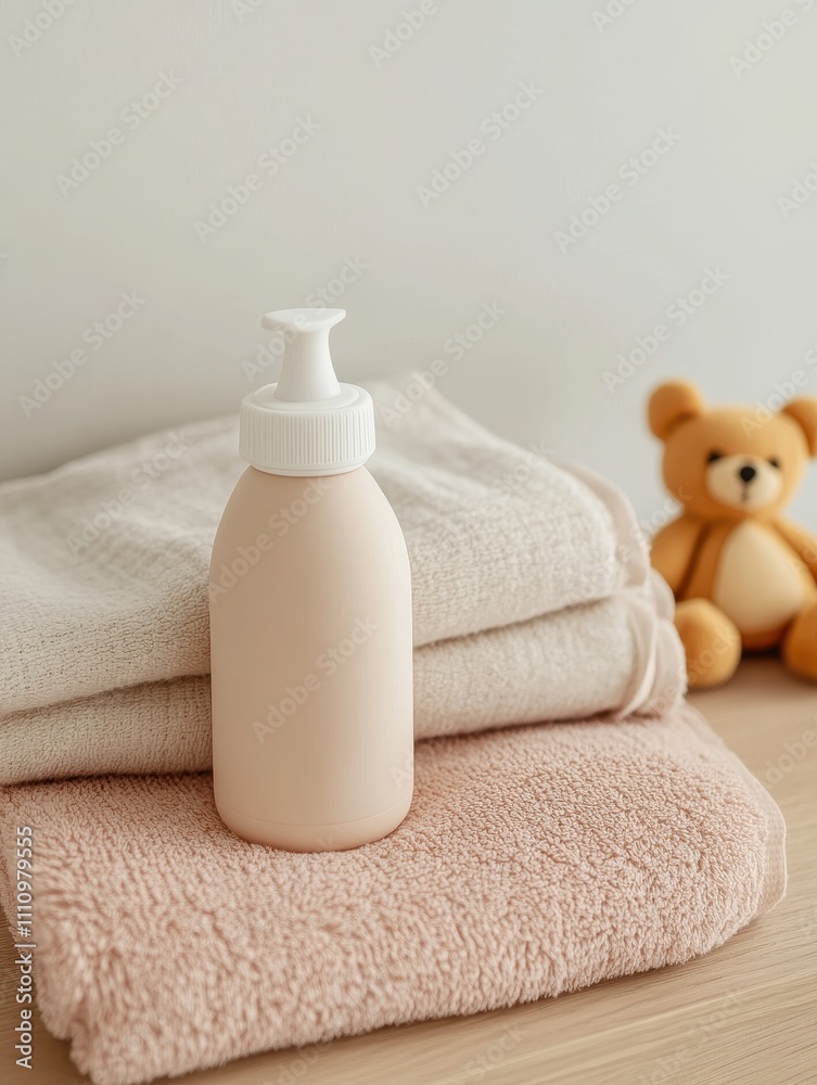 Baby Feeding Bottle on Fluffy Pink Towel with Teddy Bear Nearby Baby Feeding Bottle on Fluffy Pink Towel with Teddy Bear Nearby