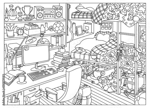 Coloring page. Teenager room interior with furniture and home objects. Cozy children room. Linear sketch vector illustration.