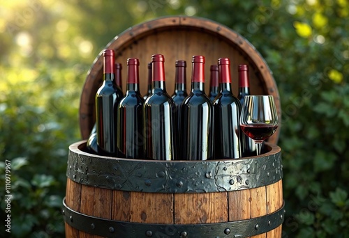 Wooden barrel filled with bottles of red wine and a glass on the side, storage, beverage, wine bottle photo