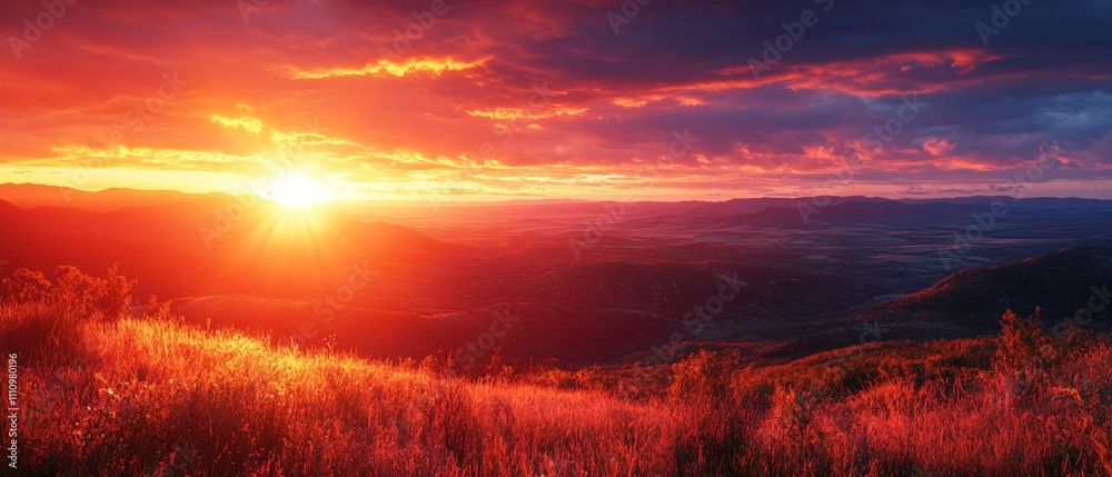 Obraz premium The sun rises over a mountain range, casting a warm glow on red and orange clouds in the sky.