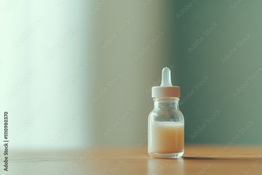 Close-Up of Transparent Baby Feeding Bottle with Milk on Table Close-Up of Transparent Baby Feeding Bottle with Milk on Table