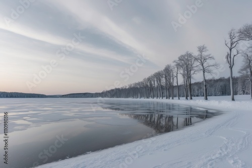 Monochromatic winter landscape with a frozen lake and snow-covered trees 