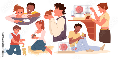 People play with funny cute hamster with love and care set. Boy and girl giving food to animal with big cheeks, woman and man holding adopted pet at cage with wheel cartoon vector illustration