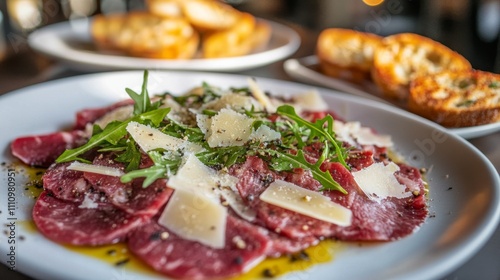 Photo of, A delectable plate of beef carpaccio drizzled with truffle oil and sprinkled with shaved Parmesan cheese and arugula, Carpaccio plate centered