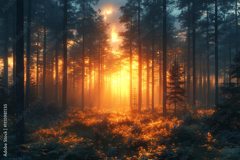 Golden Sunset Illuminates a Misty Forest Path