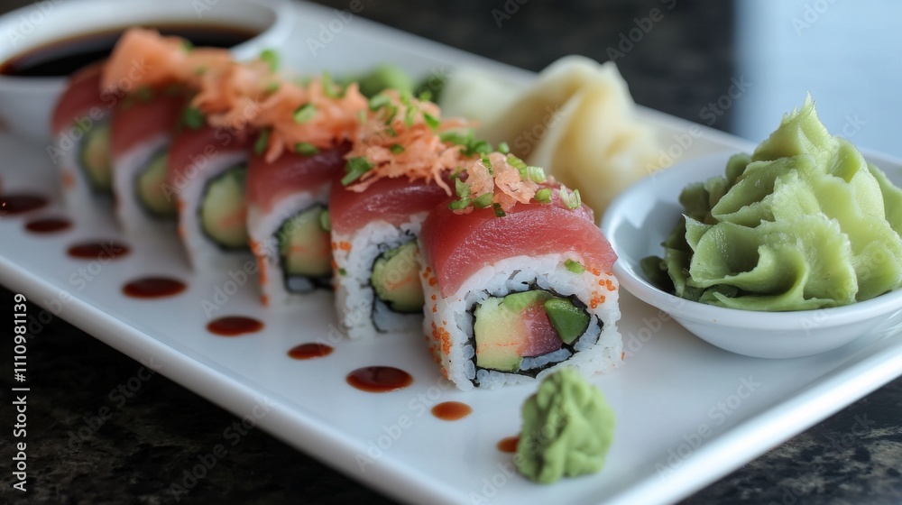 Photo of, A delectable plate of sushi rolls featuring fresh tuna, salmon Photo of, A delectable plate of sushi rolls featuring fresh tuna, salmon