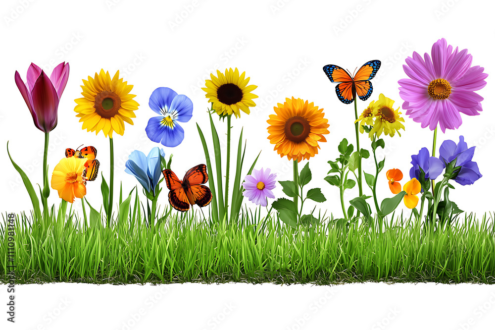 Fototapeta premium Colorful flowers and butterflies in nature outdoor garden vibrant scene springtime bliss