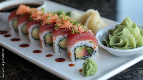 Photo of, A delectable plate of sushi rolls featuring fresh tuna, salmon