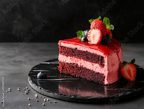 Luxurious Strawberry and Berry Layer Cake on Black Marble