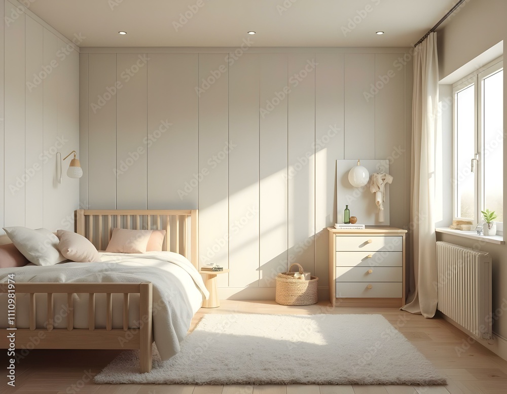 Sun shining on modern minimalist bedroom interior design Sun shining on modern minimalist bedroom interior design