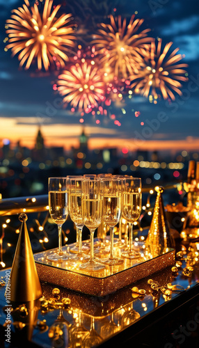 New year champagne product display podium mock up background, clear glass with gold trim, rooftop bar overlooking a bustling city, colourful fireworks, New Year’s Eve celebration, ad, podium platform
