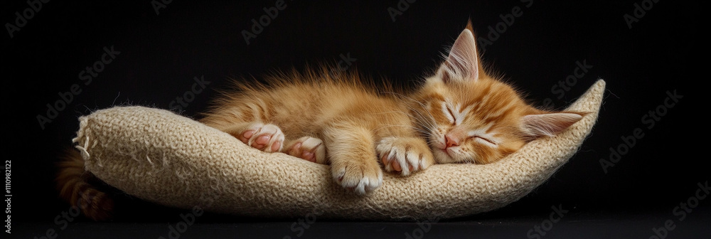 Orange kitten peacefully sleeping on soft cushion
