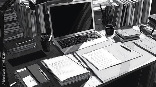 Monochrome Laptop Workspace With Books And Notebooks