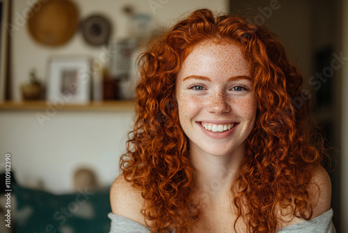 Smiling woman with curly red hair in cozy indoor setting photo