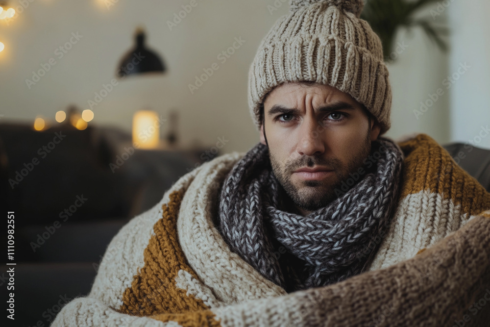 Man wrapped in cozy blanket during cold winter evening Man wrapped in cozy blanket during cold winter evening