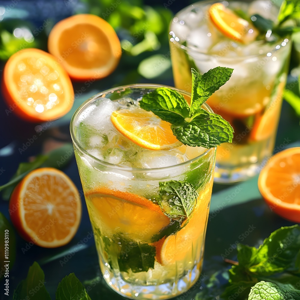 Fototapeta premium Refreshing Citrus Mojito with Fresh Mint Leaves and Slices of Orange on a Bright Sunny Day Perfect for Summer Gatherings and Drinks by the Pool