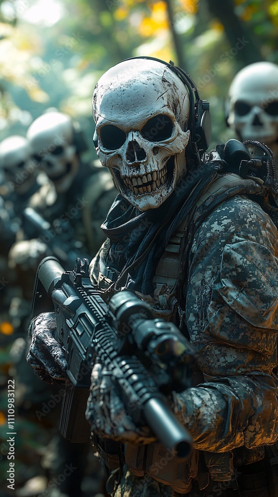 a skeleton delta force operator carrying a Mk18 with suppressor, other skeleton operators behind him finding enemies, midnightcore pastel kiragam, tarot card, in amazon forest, they are facing gunfigh a skeleton delta force operator carrying a Mk18 with suppressor, other skeleton operators behind him finding enemies, midnightcore pastel kiragam, tarot card, in amazon forest, they are facing gunfigh