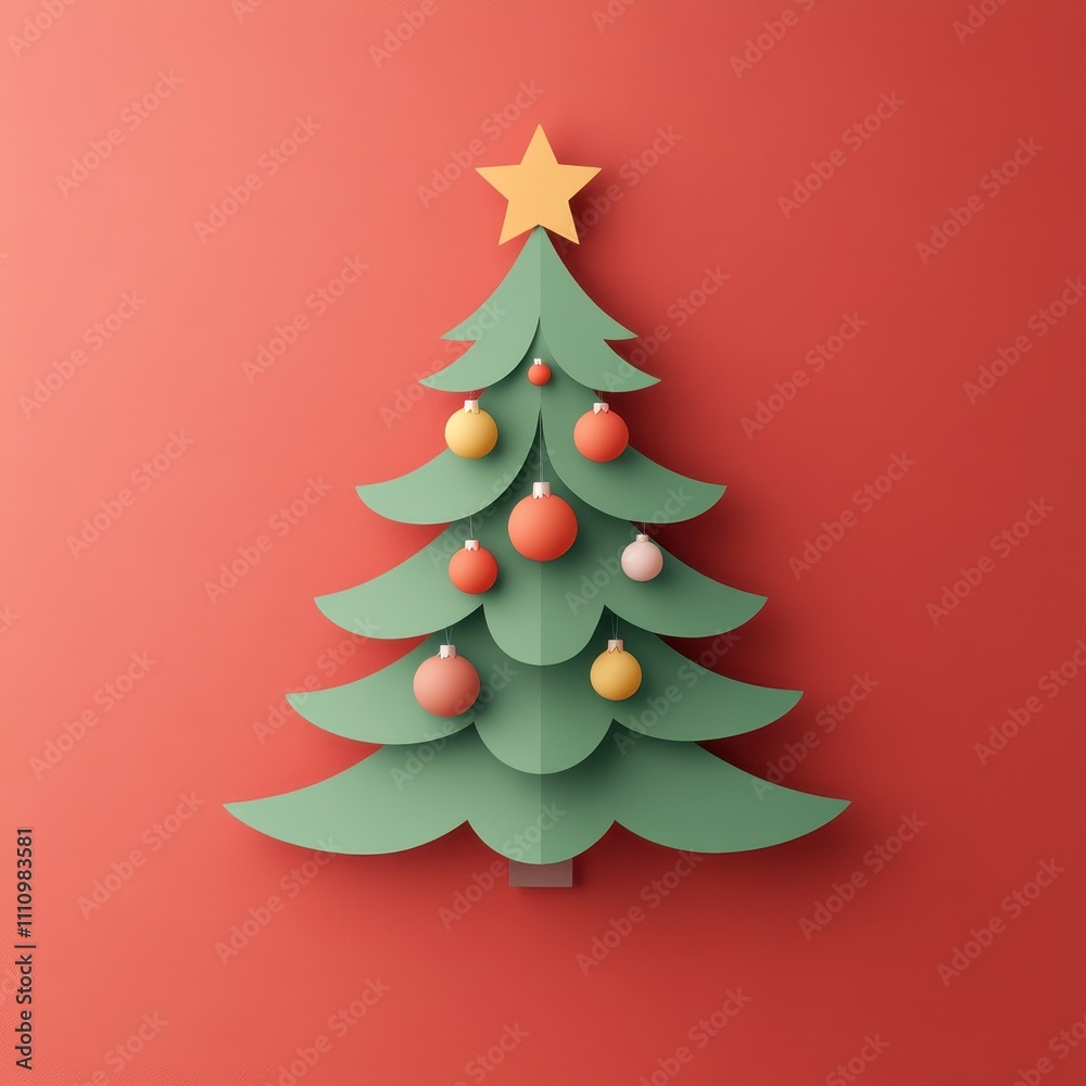 Festive Layered Paper Cut Christmas Tree Decoration on Red Background Festive Layered Paper Cut Christmas Tree Decoration on Red Background