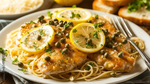 Photo of, A delightful plate of chicken piccata with capers and lemon butter sauce served over angel hair pasta, Chicken piccata arranged beautifully with a garnish of lemon slices and parsley