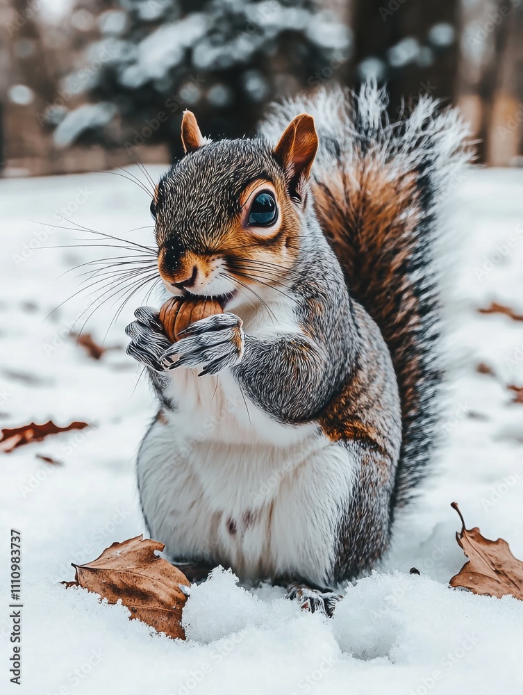 Squirrel holding a nut in snowy landscape with fallen leaves during winter Squirrel holding a nut in snowy landscape with fallen leaves during winter