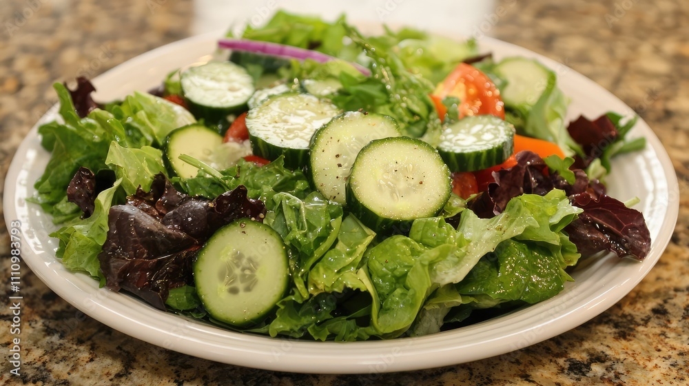 Fresh Green Salad with Crisp Vegetables and Dressing Served on a Plate in a Modern Kitchen Setting Fresh Green Salad with Crisp Vegetables and Dressing Served on a Plate in a Modern Kitchen Setting