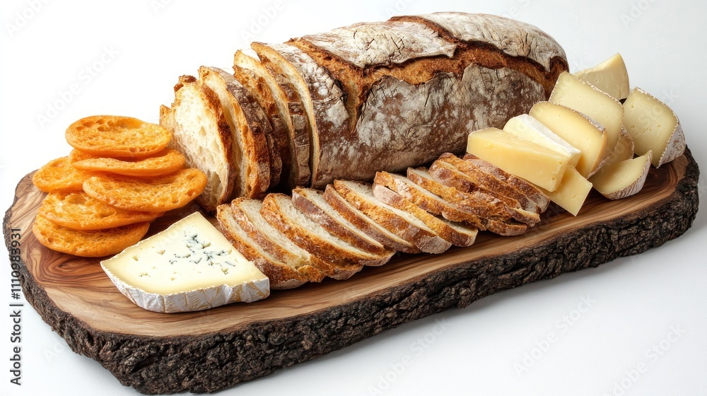 Artisan Bread, Cheese, and Crackers on Rustic Wooden Board Artisan Bread, Cheese, and Crackers on Rustic Wooden Board