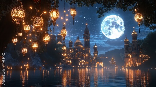 A Fantasy Lake with Hanging Lanterns, Magical Lights, and a Mystical Atmosphere

