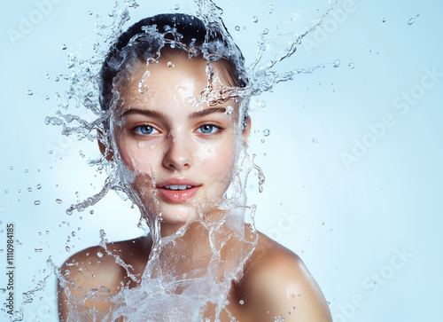 Beautiful Young Woman with Clean Fresh Skin close up . Skin care face . Cosmetology ,beauty and spa . Girl washes and cleans her face . Splashes of water wash the girl's face. Cosmetics and skin care