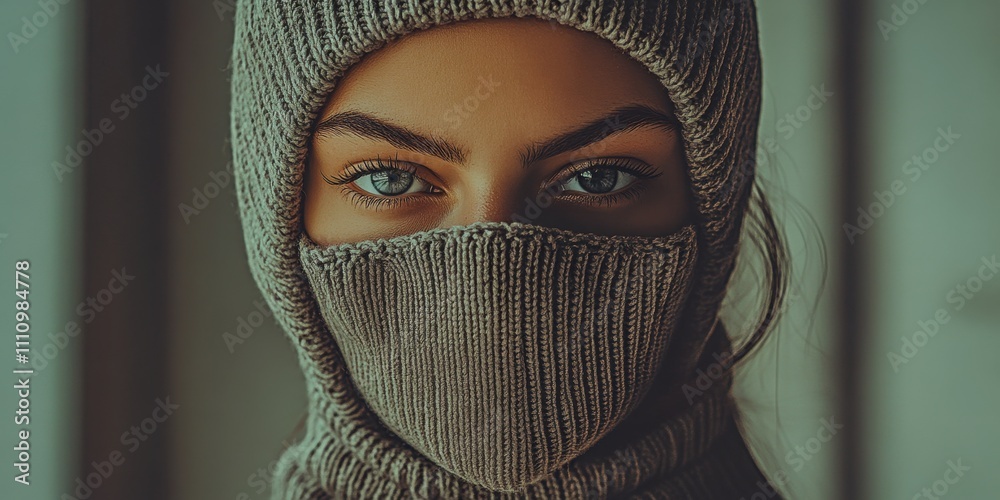 Portrait of a young woman wearing a knitted beanie and face mask in a cozy, indoor setting during the winter months