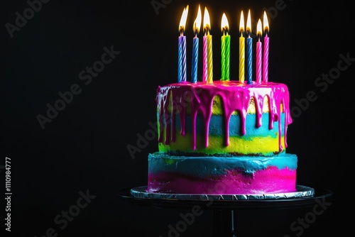 Brightly colored cake topped with candles ready for a celebratory moment in a dark setting photo