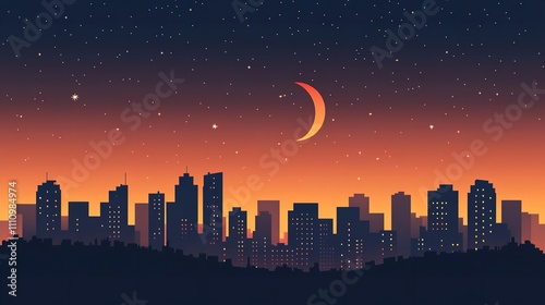 A Flat Vector Illustration of a City Skyline at Night with Illuminated Buildings

